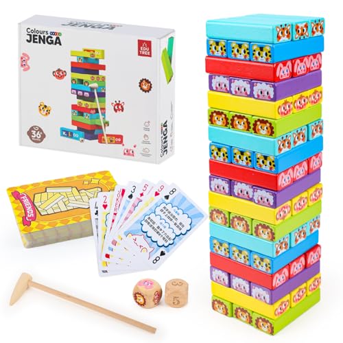 54 Pädagogisches Kinderspiel Holz mit 54 Spielkarte, Wackelturm Kinder, Stapelturm Holz Montessori, Holz Geschicklichkeitsspiel Kinder, Holzspielzeug Wackelturm, für Jungen Mädchen Puzzle Spiele von JWTRSVTY