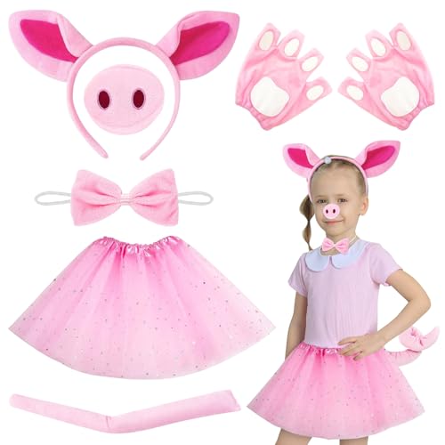 6Pcs Schwein Cosplay Set, Schwein Kostüm Kinder, Schwein Tierische Cosplay Dekoration Set mit Stirnband Nasen Schwanz Fliege Handschuh und Rosa Tütü, für Kinder Cosplay Halloween Karneval Partyzubehör von JWTRSVTY