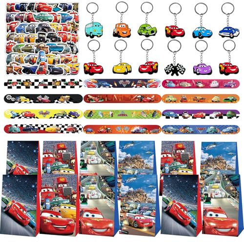 86PCS Rennauto Party Mitgebsel Set, Racing Car Kindergeburtstag Geschenke, Rennwagen Slap Armband Schlüsselanhänger Aufkleber Geschenktüte, Mitgebsel Geburtstag Gastgeschenk Für Jungen Mädchen von JWTRSVTY