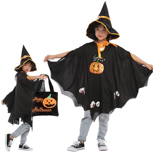 Halloween Fledermaus Umhang mit Hut, Fledermaus Halloween Kostüm Kürbis Kinder, Kostüm Fledermaus Kürbis+Hexenhut+Kürbis Candy Bag, Geeignet Höhe 90-150cm, für Kinder Halloween Cosplay Party (Schwarz) von JWTRSVTY