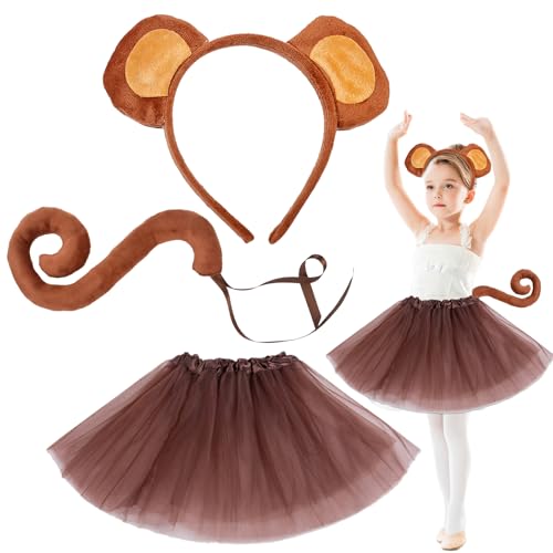 JWTRSVTY 3PCS Affen KostüM, Affenkostüm Für Kinder, Affenohren Tier Stirnbänder Affen Langen Schwanz Tutu, Mädchen Fasching Tierkostüm Für Halloween Karneval Cosplay von JWTRSVTY