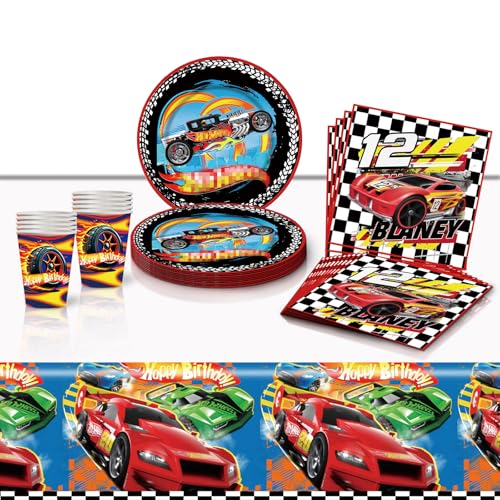 JWTRSVTY 41 Pcs Rennauto Partygeschirr Set, Auto Kindergeburtstag Geschirr, Wheels Cars Party Geschirr Kit mit Cars Tischdecke Teller Tassen Servietten, für Jungen Mädchen Rennauto Party Dekoration von JWTRSVTY