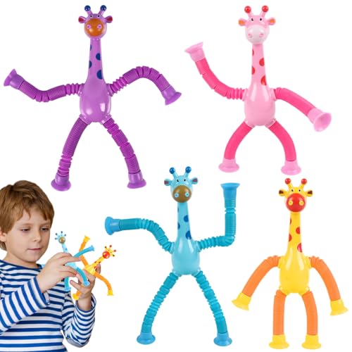 JWTRSVTY 4PCS Teleskop Giraffe Saugnapf Spielzeug, Cartoon Teleskop Pop Tubes Spielzeug, Sensorische Stretch Röhren Bunte, Giraffe Pop Röhren Sensorik Spielzeug Für Jungen Mädchen von JWTRSVTY