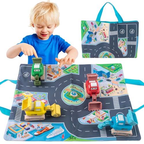 JWTRSVTY 4Pcs Auto Baufahrzeuge Kinderspielzeug, Baby Bagger Spielzeugauto, Pull Back Spiele Autos, Bagger Starten Spielzeugautos Mit Spielmatte, für 1-9 Jahre Jungen Mädchen Kinder Spielzeug Geschenk von JWTRSVTY