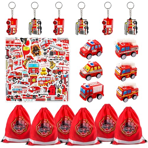 JWTRSVTY 68Pcs Feuerwehrfahrzeug Party Mitgebsel, Feuerwehr Kinder Geburtstag Partygeschenke, Feuerwehrmann Theme Party Geschenke mit Schlüsselanhänger Party Kordelzug Tasche Aufkleber Spielzeug Auto von JWTRSVTY