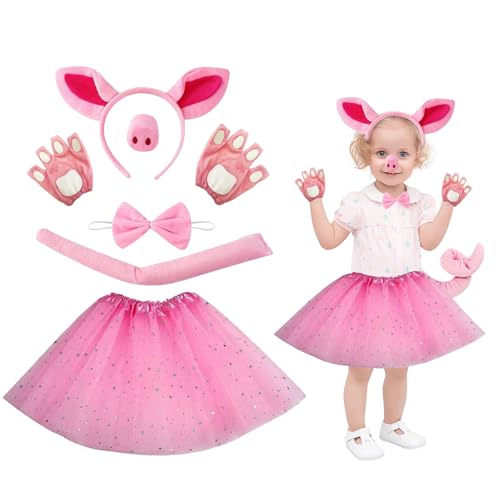 JWTRSVTY 6PCS Kinder Schwein Kostüm, Schwein Kostüm Mädchen, Mit Schwein Ohren Nasen Schwanz Fliege Fäustling Rosa Kinder Tutu, Verkleidung Kinder Tiere für Karneval, Halloween und Kostümparty von JWTRSVTY