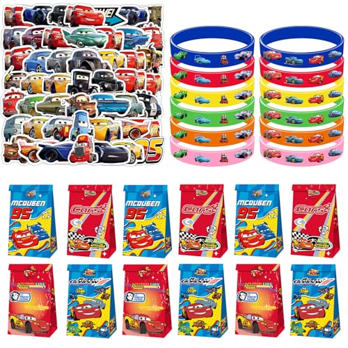 JWTRSVTY 74PCS Racing Car Cartoon Geburtstag Party Geschenk, Racing Car Party Mitgebsel Set, Car Party Gastgeschenke Kinder, Geschenktüten Silikonarmband Aufkleber,Für Kinder Geburtstag Party Supplies von JWTRSVTY