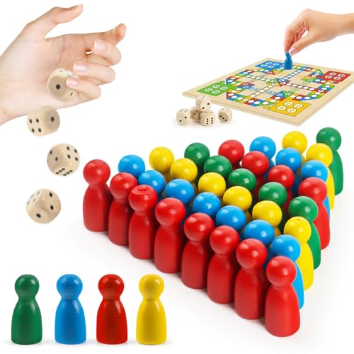 JWTRSVTY 80PCS Brettspiel Figuren Holz, Spielfiguren Für Brettspiele, 5 Würfel Aus Holz, Mehrfarbige Spielfiguren, Familienbrettspiele Für Mehrere Spieler von JWTRSVTY