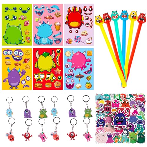 JWTRSVTY 86PCS Monster Geburtstag Mitgebsel, Monster Theme Party Geschenke, 12 Monster Schlüsselanhänger+12 Monster Stifte+12 DIY Aufkleber+50 Kinder Monster Tattoo Für Junge Mädchen GastGeschenk von JWTRSVTY