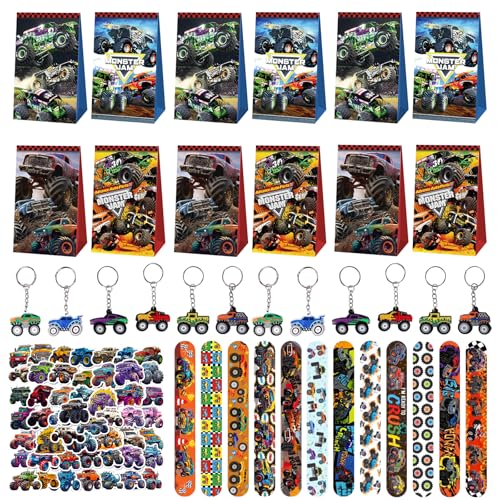 JWTRSVTY 86PCS Monstertruck Kindergeburtstag Party Mitgebsel, Monster Truck Party Geschenke, mit Armbänder Geschenktüten Schlüsselanhänger Aufkleber, für Junge Mädchen Geburtstag Theme Party Geschenke von JWTRSVTY