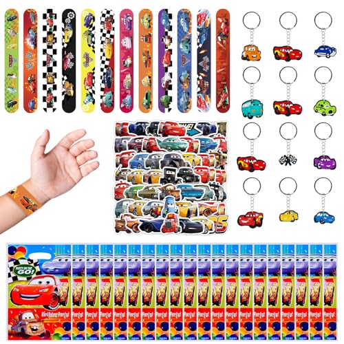 JWTRSVTY Cars Kindergeburtstag Geschenke, 94Pcs Cars Kinder Party Mitgebsel, Schlüsselanhänger Party Klatschen Armband Geschenktüten Cars Sticker Set, für Jungen Mädchen Thema Gastgeschenke von JWTRSVTY