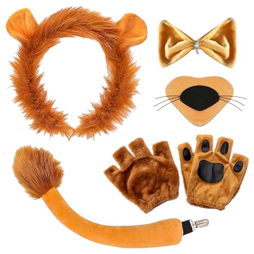 JWTRSVTY Löwe Cosplay Set, 5Pcs Plüsch Löwen Kostüm, Löwenkostüm Kinder, Tier Cosplay Enthalten Plüsch Stirnband Schwanz Nase Fliege und Handschuhe, für Halloween Weihnachten Karneval Party Verkleiden von JWTRSVTY