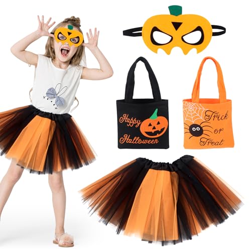 JWTRSVTY Mädchen Halloween Kürbis Kostüm, Halloween Kostüm Kürbis Tütü, 4 Teiliges Mädchen Kürbis Kostüm mit Tüllrock Filzmaske und 2 Bonbontüte, Rocklänge 30CM für Halloween Karneval Party Verkleiden von JWTRSVTY