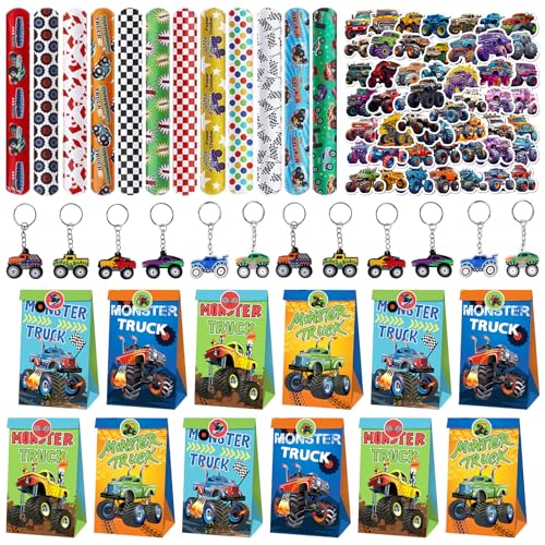 JWTRSVTY Monster Truck KinderGeburtstag Party Geschenke, Party Klatschen Armband, Monster Truck Schlüsselanhänger, Geschenktüten, Monster Truck Stickers, für Jungen Mädchen Thematische Partygeschenke von JWTRSVTY