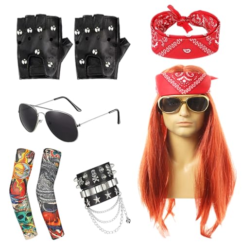 JWTRSVTY Rock Punk Herren Kostüm Set, Punk Rock Perücke Set 70/80/90 Jahre Disco Kostüm mit Orange Langes Haar Männer, Sonnenbrillen, Punkhandschuhe, Tätowierte Ärmel, Armband Haarband von JWTRSVTY