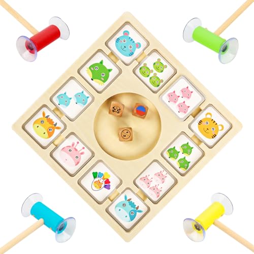 Spiel Brettspiel Aus Holz, Holzspielzeug Farben und Tieren, Pädagogisches Kinder Karten Spiel, Montessori Lernspiele Kinder mit 96 Tierkarten 4 Saugnapfstäbe und 3 Würfel, für Brettspiele 2-4 Spieler von JWTRSVTY