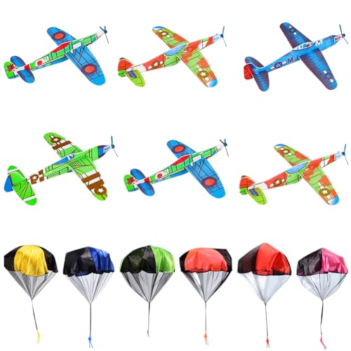 JXADVOK 12 Stück Fallschirmspringer Spielzeug Gleitflugzeuge Set,Flugspielzeug Fallschirm,Styroporflieger Flugzeuge,Kleine Geschenke für Kinder,Mitgebsel Kindergeburtstag Gastgeschenke von JXADVOK