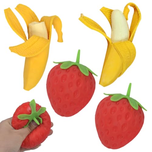 JXADVOK 4 Stück Frucht Squishies Spielzeug, simulierte Banane&Erdbeer-Stressbälle, Obst-Sensory-Toys, Dekompressions-Fidget-Spielzeug, Anti Stress Spielzeug für Erwachsene und Kinder von JXADVOK