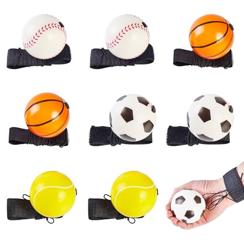 JXAXD 8 Stücke Springball mit Schnur, Ball mit Schnur Kinder, Ø 6cm Handgelenk Return Ball Mit Netzbeutel, Bouncy Ball, Sport Spielzeug Für Kinder Erwachsene (Fußball Basketball Tennis Baseball) von JXAXD