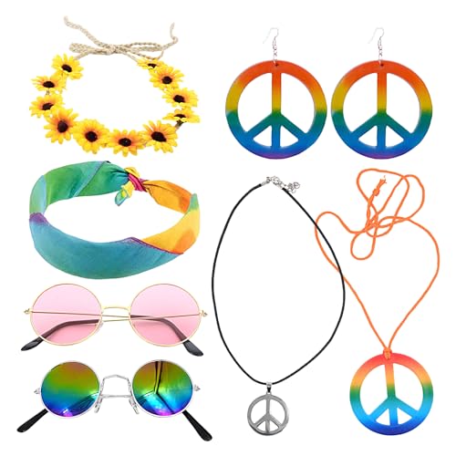 JYITO Hippie-Kleidungsset, 7-teiliges Retro-Hippie-Dressing, leichtes, langlebiges Hippie-Kostüm-Zubehör-Set, Hippie-Kostüm-Set für Frauen, Festival-Partys und Halloween von JYITO