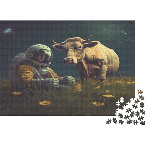 300-teiliges Puzzle mit Astronauten-Stier für Erwachsene, kreatives rechteckiges Holzpuzzle, Geschenk für Freunde und Familie, 300 Teile (40 x 28 cm) von JYJLRJ