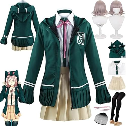 JYMTYCWG Anime Danganronpa Nanami Chiaki Cosplay Kostüm Outfit JK Uniform Grün Hoodie Jacke Komplettset Halloween Karneval Party Dress Up Anzug mit Perücke für Fans von JYMTYCWG