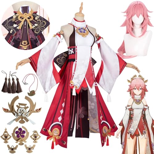 JYMTYCWG Genshin Impact Cosplay Miko Venti Raiden Shogun Yelan Gorou Cosplay Costume Halloween Suit Full Set for Women, Red-yae Miko for Anime Fans von JYMTYCWG