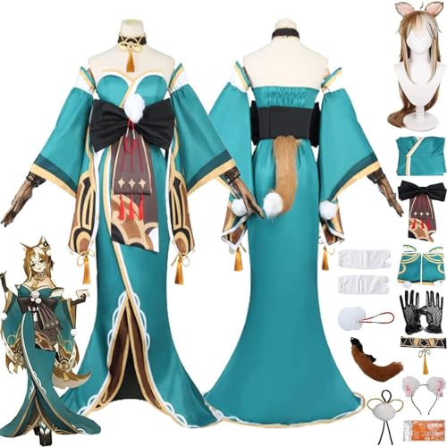 JYMTYCWG Genshin Impact Miss Hina/Gorou Cosplay Kostüm Outfit Figuren Eula Raiden Shogun Uniform Komplettset Halloween Party Dress Up Anzug mit Schwanzperücke für Fans von JYMTYCWG