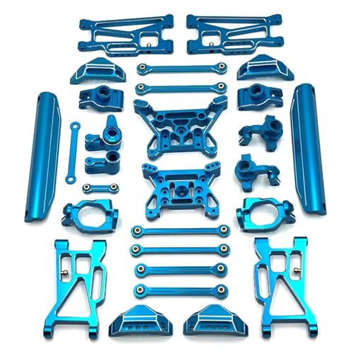 RC Teile Kompatibel Mit MJX 10208 1/10 RC Autoteile Zubehör Metall Vorne Hinten Für Schwingarm Lenkbecher Nabenträger Link Rod Shock Tower Set(Blue) von JYYTERD