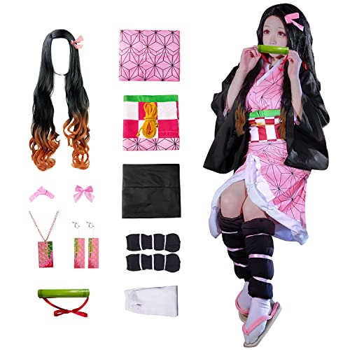 JYakeji 10 Stück Nezuko Cosplay Kostüm Kimono für Kinder Erwachsene Japanisches Anime Kostüm Halloween Kimono Outfit mit Perücke von JYakeji