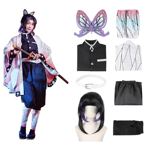 JYakeji 8 Stück Kochou Shinobu Cosplay Kostüm Kimono für Kinder Erwachsene Robe Japanisches Anime Kostüm Halloween Kimono Outfit (Medium) von JYakeji