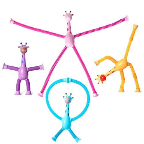 JZK 4x Saugnapf Giraffenspielzeug mit flexiblen langen Gliedmaßen Tier Pop-Röhre Spielzeug für Kindergartenkinder, dehnbare Schlauchzappelspielzeug Sinnesspielzeug für kleine Kinder 2 3 4 5 6 Jahren von JZK