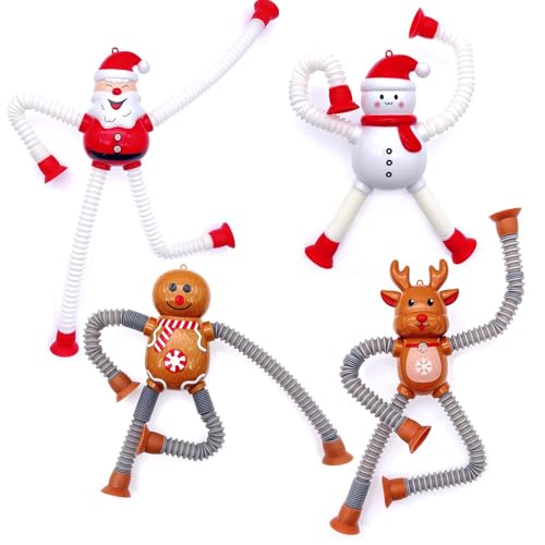 JZK 4X Weihnachtsthema Schlauchspielzeuge Dehnbare Pop-Tube-Spielzeuge Geschenk für kleine Kinder Alter 2-6 Jahren, Schneemann Weihnachtsmann Lebkuchenmann Elch mit flexiblen Langen Gliedmaßen von JZK