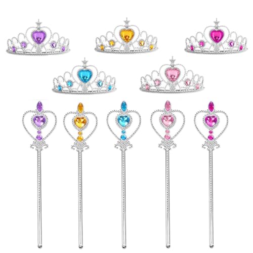 JZK 5X Prinzessinnen-Tiara und Zauberstab-Set für Mädchen, Prinzessinnen-Kostümzubehör für Pyjama-Party, Königin-Krone, Kinder-Prinzessin-Schmuckspielzeug, Mädchen-Geburtstagsparty-Geschenk von JZK