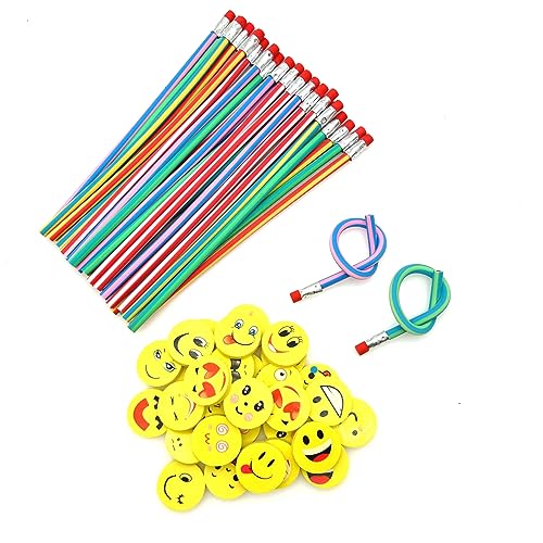 JZK 60 x Bleistifte und Radiergummis Set, 30 x weiche flexible magische biegsame Bleistifte + 30 x Smiley Emoji Radiergummi, Kinder Geburtstag Party Bag Fillers Set, Kinder Party Favors Dankeschön von JZK