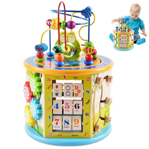 Holzaktivität Würfel für Kleinkinder 1-3 Montessori Babyaktivität Würfel mit Perlenlabyrinths Sortierer, Abacus und mehr, motorische Fähigkeiten Pädagogische Spielzeugaktivität Würfel für Baby Kleink von JZLEJC