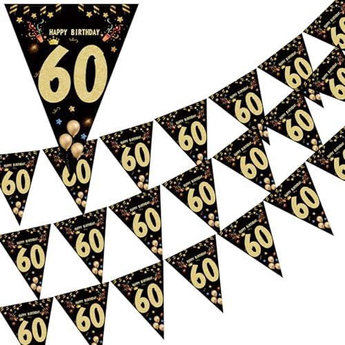 JZLEJC Banner, Alles Gute zum 60. Geburtstag Banner 3PCS Schwarz und Gold 15 Flaggen Banner für Männer Frauen Dekorative Hängende Amme für Party 60. Geburtstagsdekorationen von JZLEJC