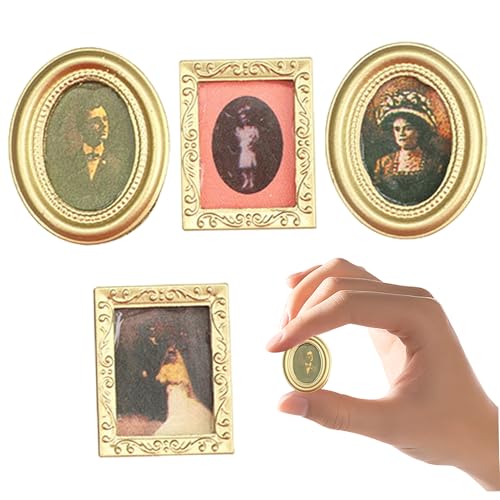 JZLEJC Dollhouse Bilderrahmen, 4pcs Dollhouse Bildrahmen Set, viktorianische Kunst Wand Bilder 1/12 Skalierungszubehör gedruckte Gemälde Goldene Rahmen Dollhouse Möbelset, Puppenhausmöbel von JZLEJC