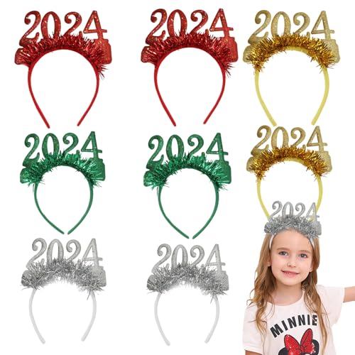 JZLEJC Frohes Neues Jahr Stirnband 8pcs 4 Farben Neujahr Dekorationen 2024 Glitter Pailletten Stars Tassel Silvester Partyzubehör für Frauen Mann Kinder von JZLEJC