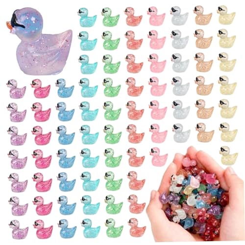 JZLEJC Mini Ducks 100 Pack, Mini Ducks 100 Pack Mini Harz Enten, leuchten im dunklen Glitzer Enten mit Sonnenbrillen, Mini -Harz -Tiere für Dollhouse Fairy Garden Decor, leuchten in den dunklen Enten von JZLEJC