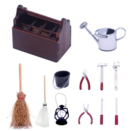 JZLEJC Miniatur-Tools, 12pcs Miniatur-Werkzeugkasten, Puppenhaus-Werkzeugkit, Multifunktional 1/12 Skalenzubehör Lustige Holzwerkzeugkasten Tragbare Mini-Toolbox für DIY-Handwerk, Style 2 2 von JZLEJC