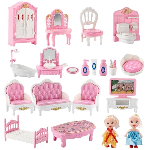 JZLEJC Puppenhaus, Puppenhausmöbel 3 Set Schlafzimmer, Badezimmer und Wohnzimmer Dollhouse Möbel mit 2 Dollhouse Puppen künstlich realistische DIY -freundliche Puppenhausminiaturen von JZLEJC