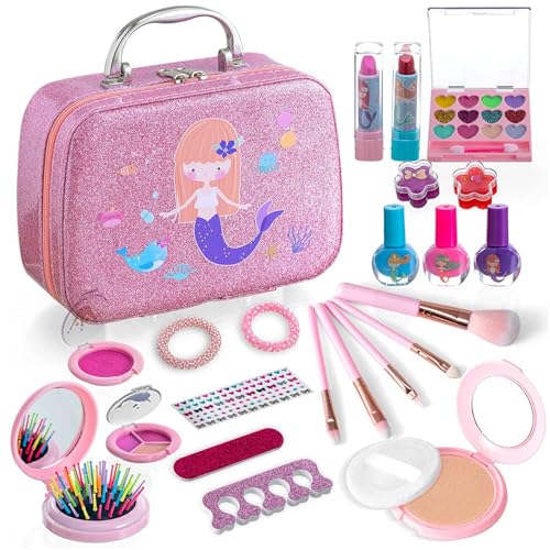 Kinder Make -up -Kit für Mädchen, waschbares zuverlässiges Kinder Make -up -Kit mit Kosmetikkoffer echtes Mädchen Make -up tun Spielspielzeug für 3+ Jahre alte kleine Mädchen Geburtstagsgeschenk von JZLEJC