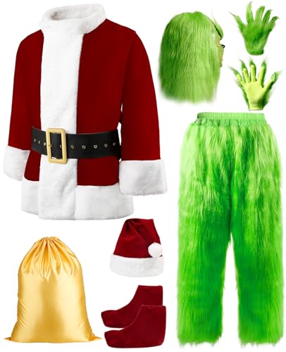 Jaaytct Grüner Weihnachtsmann-Anzug, grünes Weihnachtsmann-Kostüm für Erwachsene, Deluxe-grünes Weihnachtsmann-Kostüm für Herren, grünes Weihnachtsmann-Outfit von Jaaytct