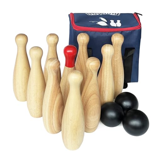 Holzspiel-Set, Rasen, Bowling, Hartholz, 10 Pins & 3 Bälle in einer Tragetasche (23 cm hoch, natur) von Jac & Mok