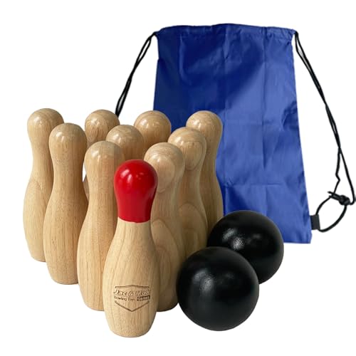 Bowlingspiel aus Holz, Wurfflaschen, Rasen-Spiel für die Familie, Spiel-Set mit Tragetasche (H 15 cm, 10 Stifte + 2 Bälle) von JacJoe All Pro