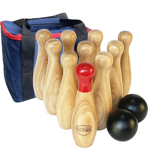 Bowlingspiel aus Holz, Wurfflaschen, Rasen-Spiel für die Familie, Spiel-Set mit Tragetasche (H 20 cm, 10 Stifte + 2 Bälle) von JacJoe All Pro