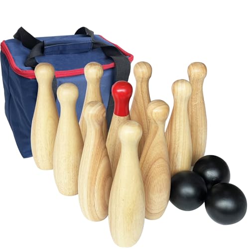 Bowlingspiel aus Holz, Wurfflaschen, Rasen-Spiel für die Familie, Spiel-Set mit Tragetasche (H 23 cm, 10 Stifte + 3 Bälle) von JacJoe All Pro