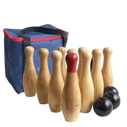 Bowlingspiel aus Holz, Wurfflaschen, Rasen-Spiel für die Familie, Spiel-Set mit Tragetasche (H 26 cm, 10 Stifte + 3 Bälle) von JacJoe All Pro