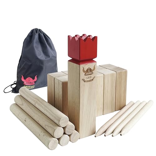 Kubb Spiel im Freien | Wurfspiel mit Tragetasche | Kegelspiel | Gummi Holz Garten Rasen Spiele | Wurfspiel mit Tragetasche (30 x 6.3 x 6.3 cm-King, M) von JacJoe All Pro